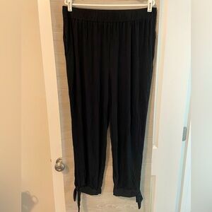 White Birch-Black Flowy Pants w/ Elastic Waistband, Pockets, & Ankle Side Tie